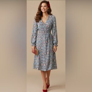 Zara Jacquard Paisley Long Sleeve Wrap Dress M Blue Red Shimmer Midi Holiday NEW